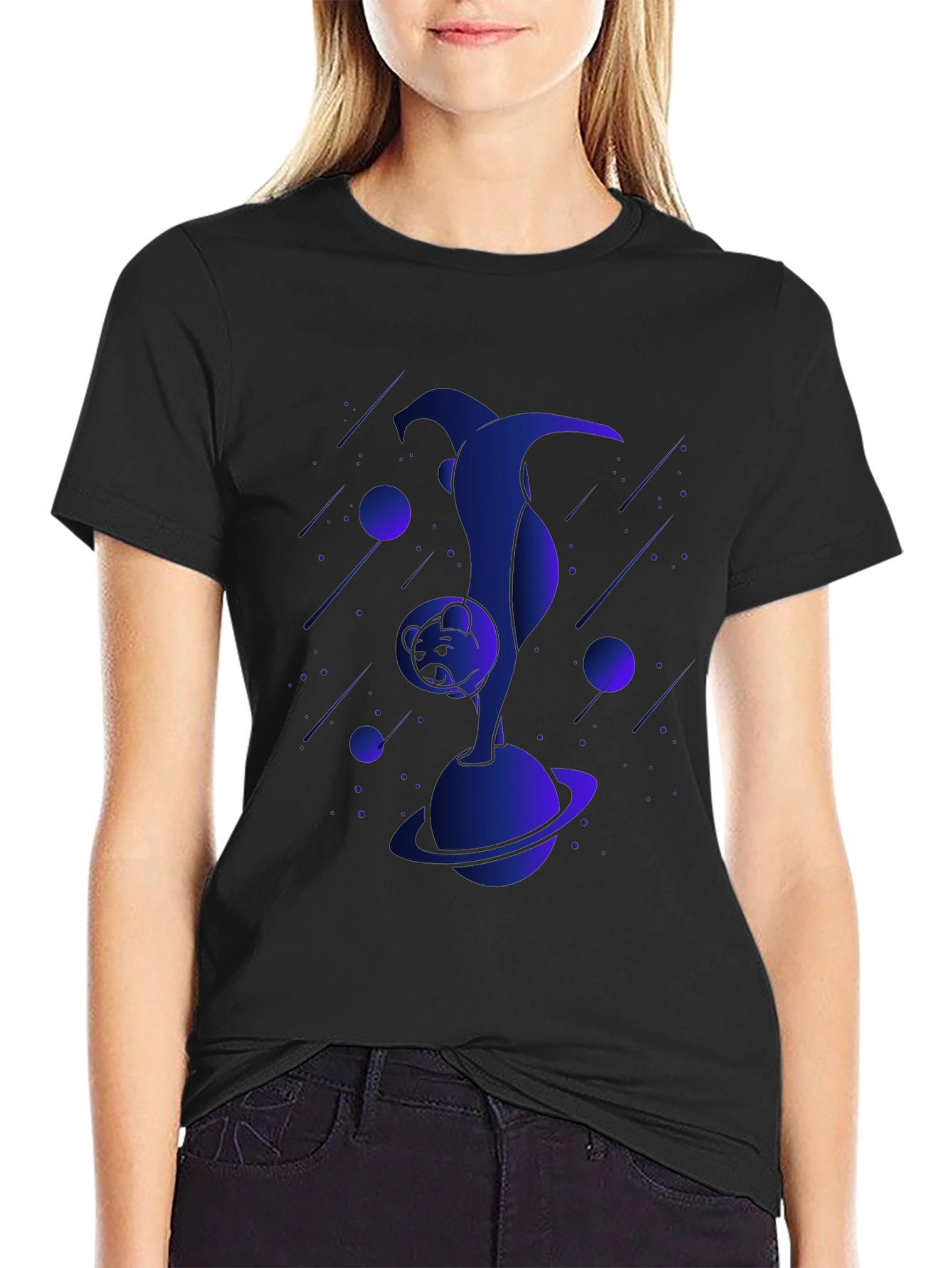 Astronaut Cat Graphic Tee - Black Cotton T-Shirt