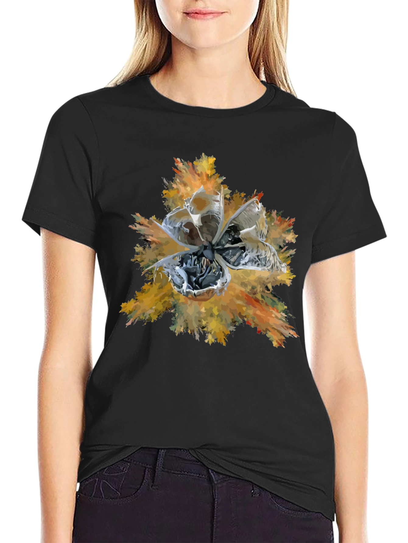 Abstract Floral Graphic Print Tee - Black
