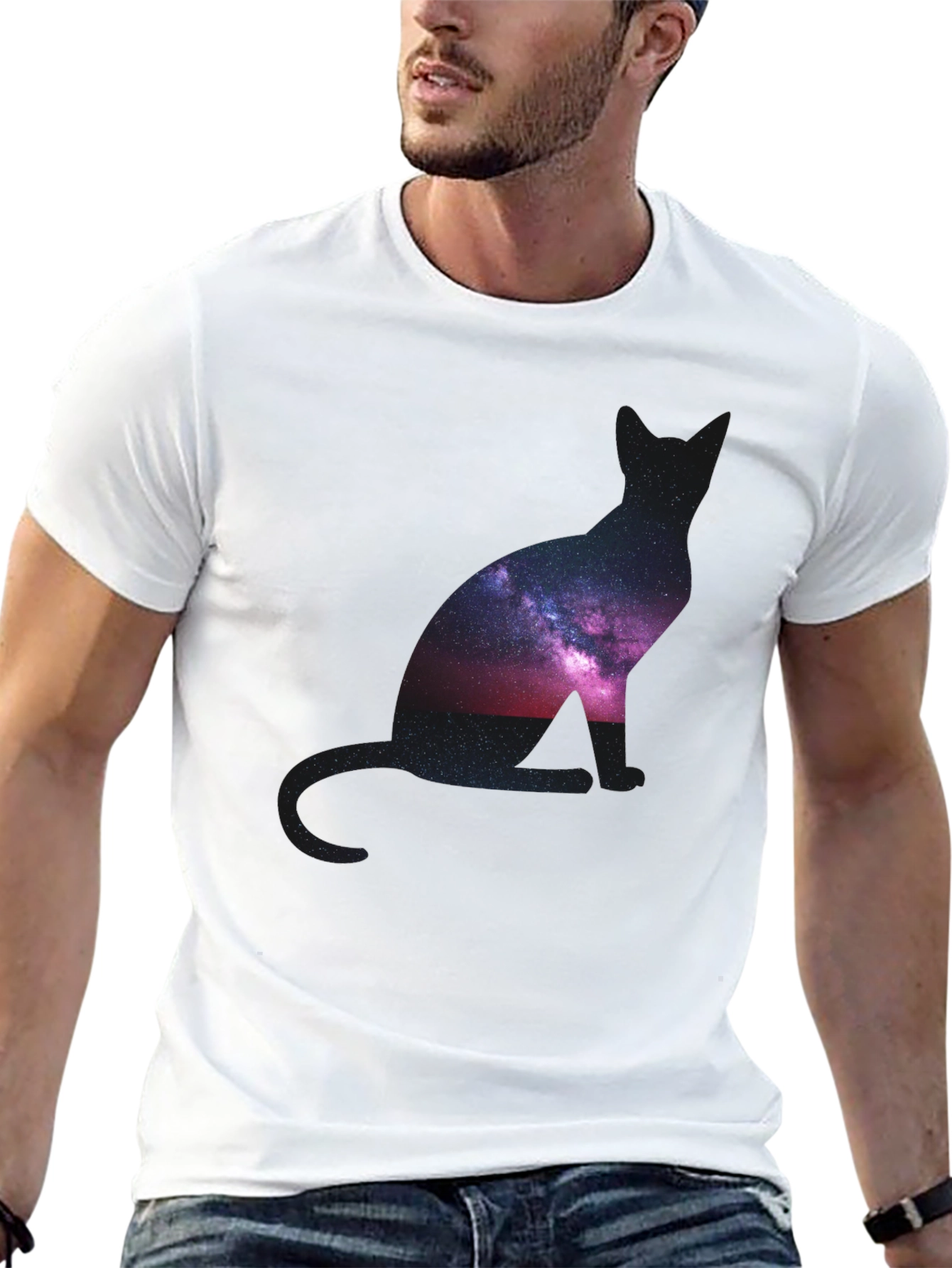 Galaxy Cat Silhouette Black T-Shirt