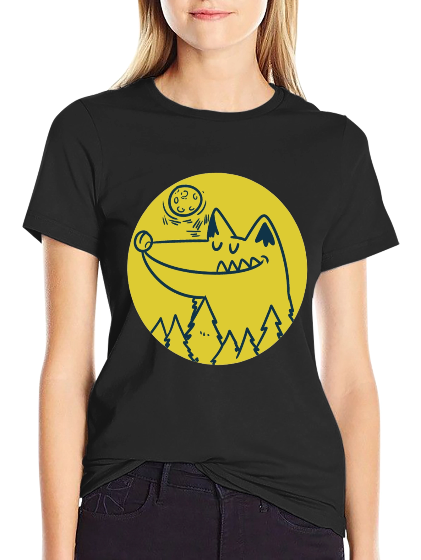 Wolf & Moon Graphic Tee - Black Cotton T-Shirt