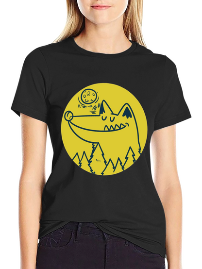Wolf & Moon Graphic Tee - Black Cotton T-Shirt