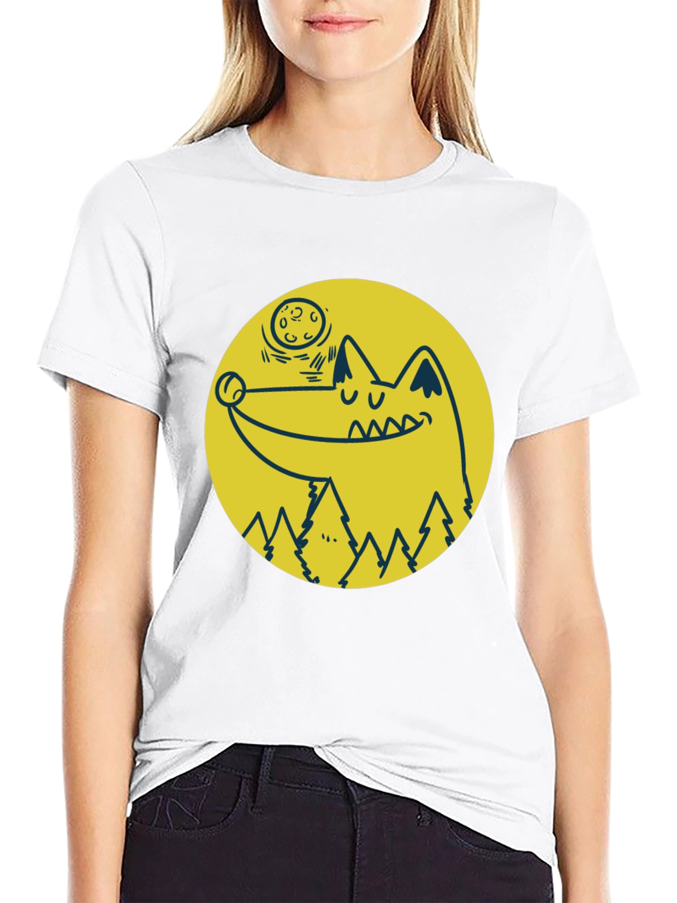 Wolf & Moon Graphic Tee - Black Cotton T-Shirt
