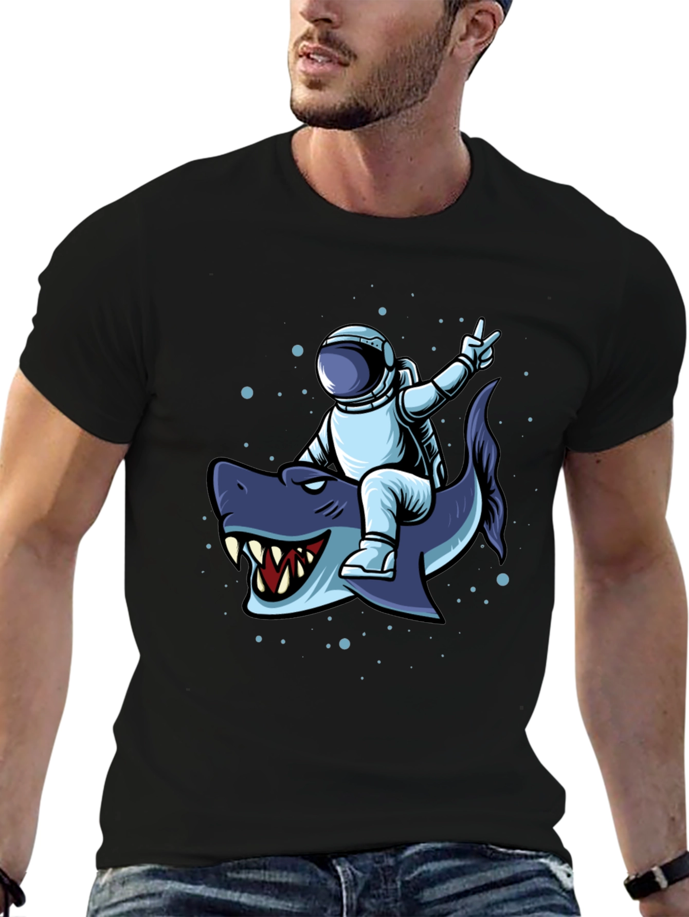 Astronaut Riding Shark Graphic Tee - Black
