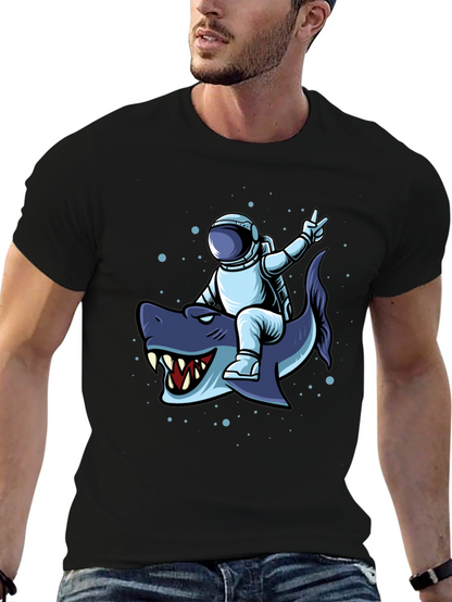 Astronaut Riding Shark Graphic Tee - Black