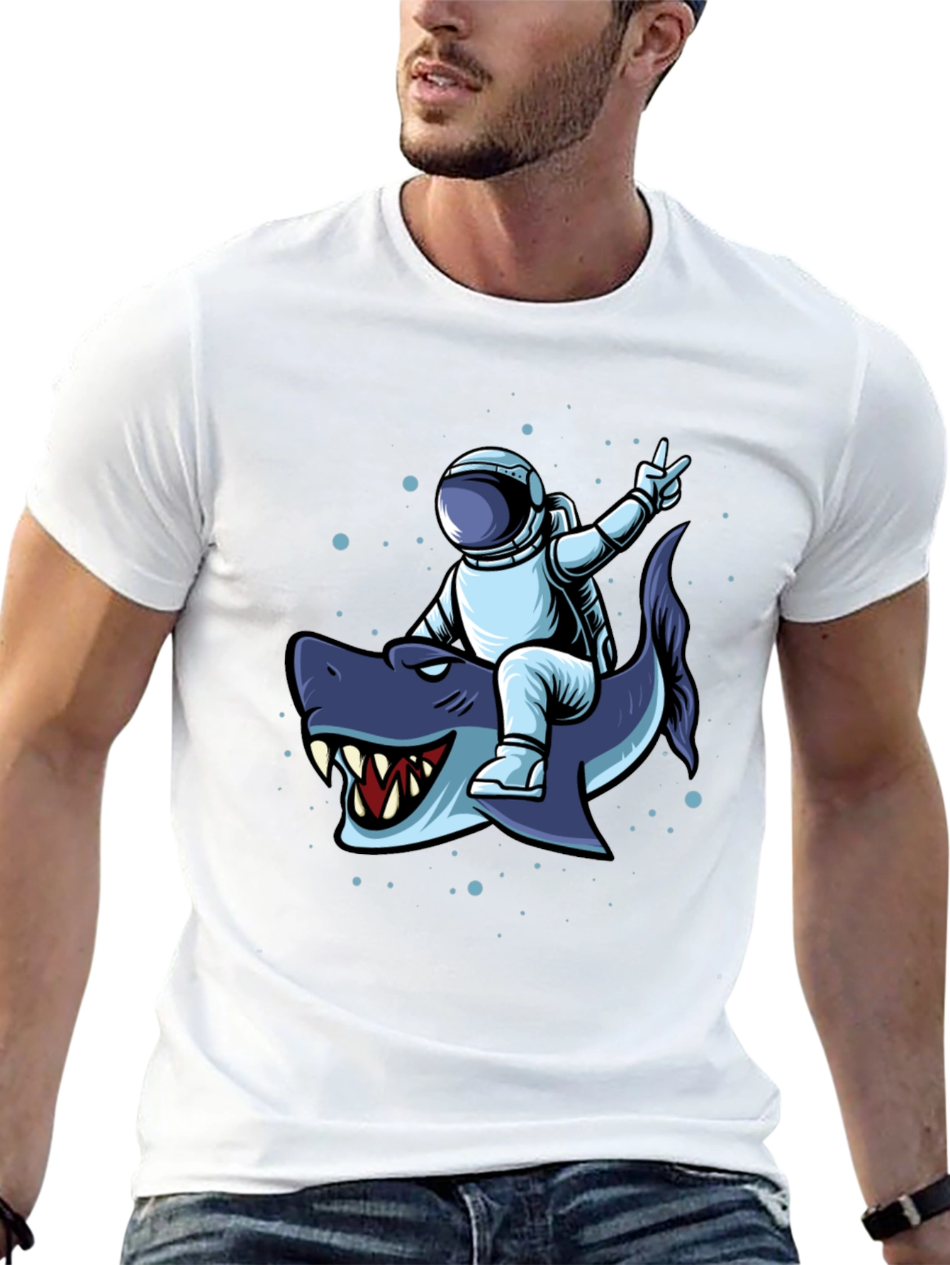 Astronaut Riding Shark Graphic Tee - Black