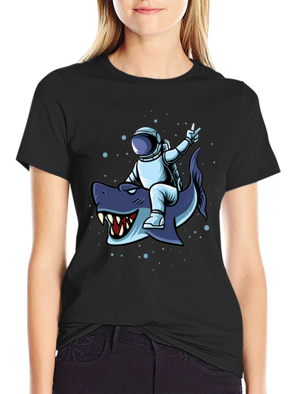 Astronaut Riding Shark Graphic Tee - Black