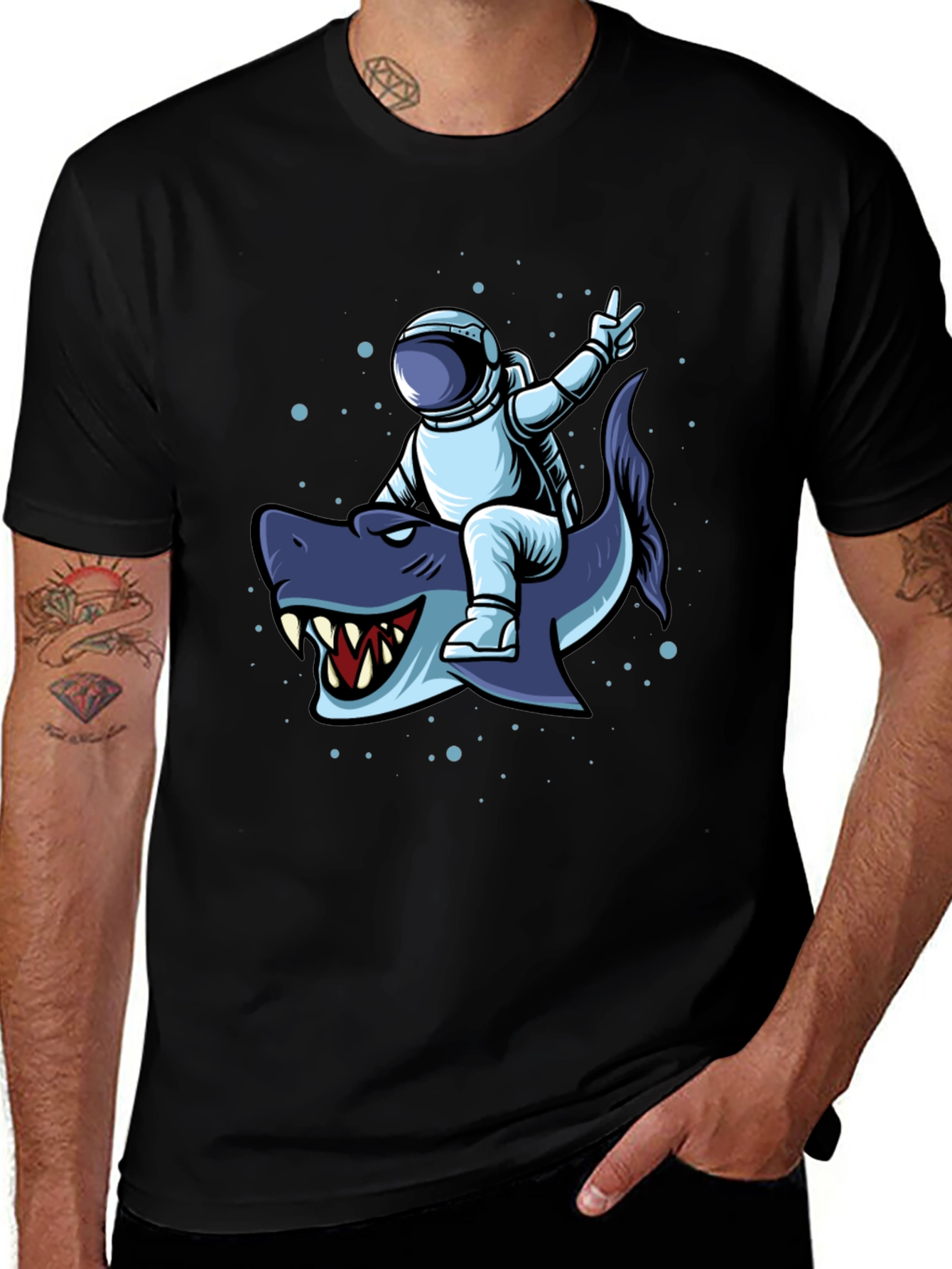 Astronaut Riding Shark Graphic Tee - Black