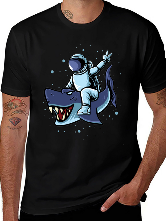 Astronaut Riding Shark Graphic Tee - Black