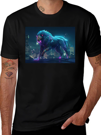 Cyberpunk Lion Graphic Black T-Shirt