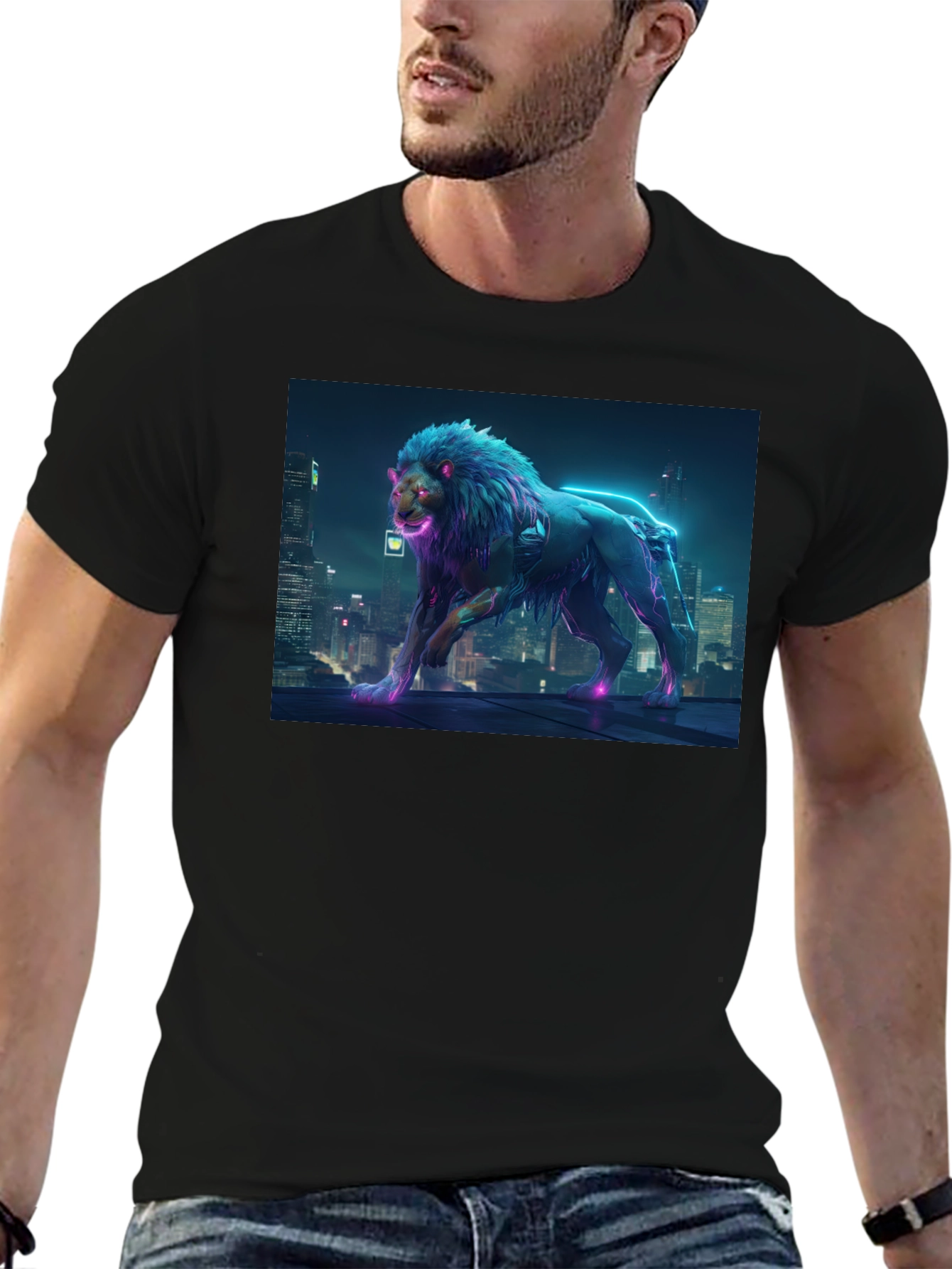 Cyberpunk Lion Graphic Black T-Shirt