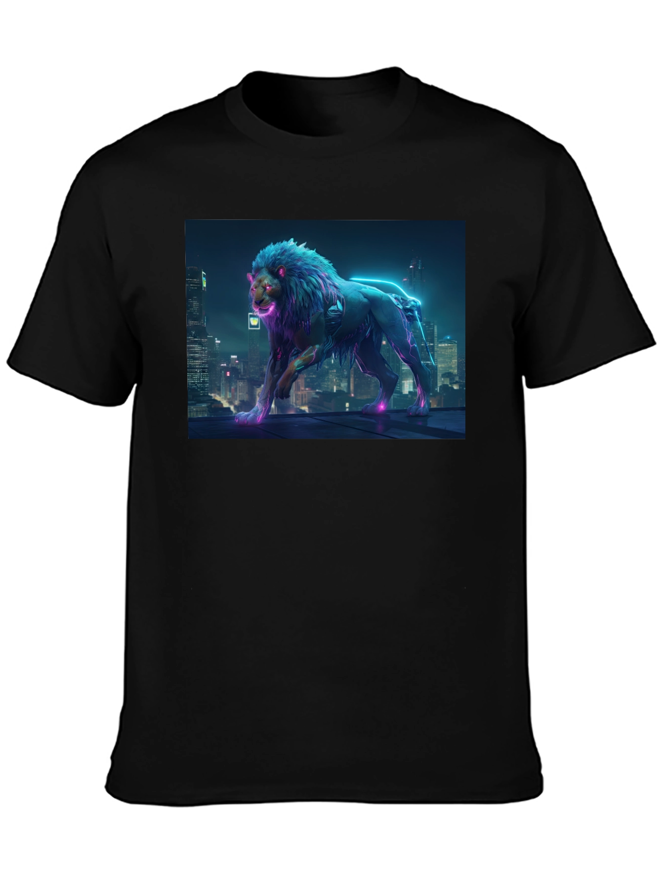 Cyberpunk Lion Graphic Black T-Shirt