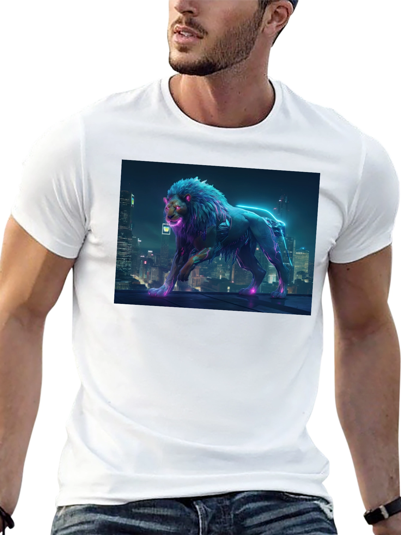 Cyberpunk Lion Graphic Black T-Shirt