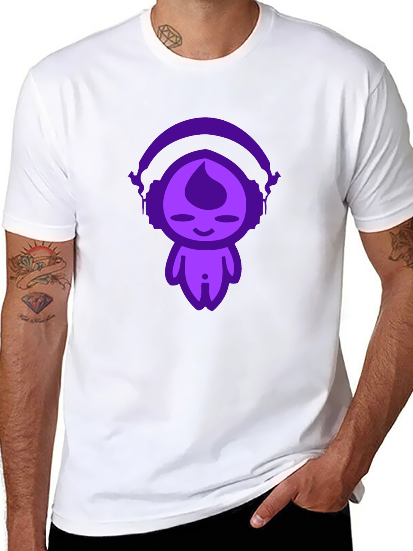 Unique Graphic Tee: Purple Headphone Character Design