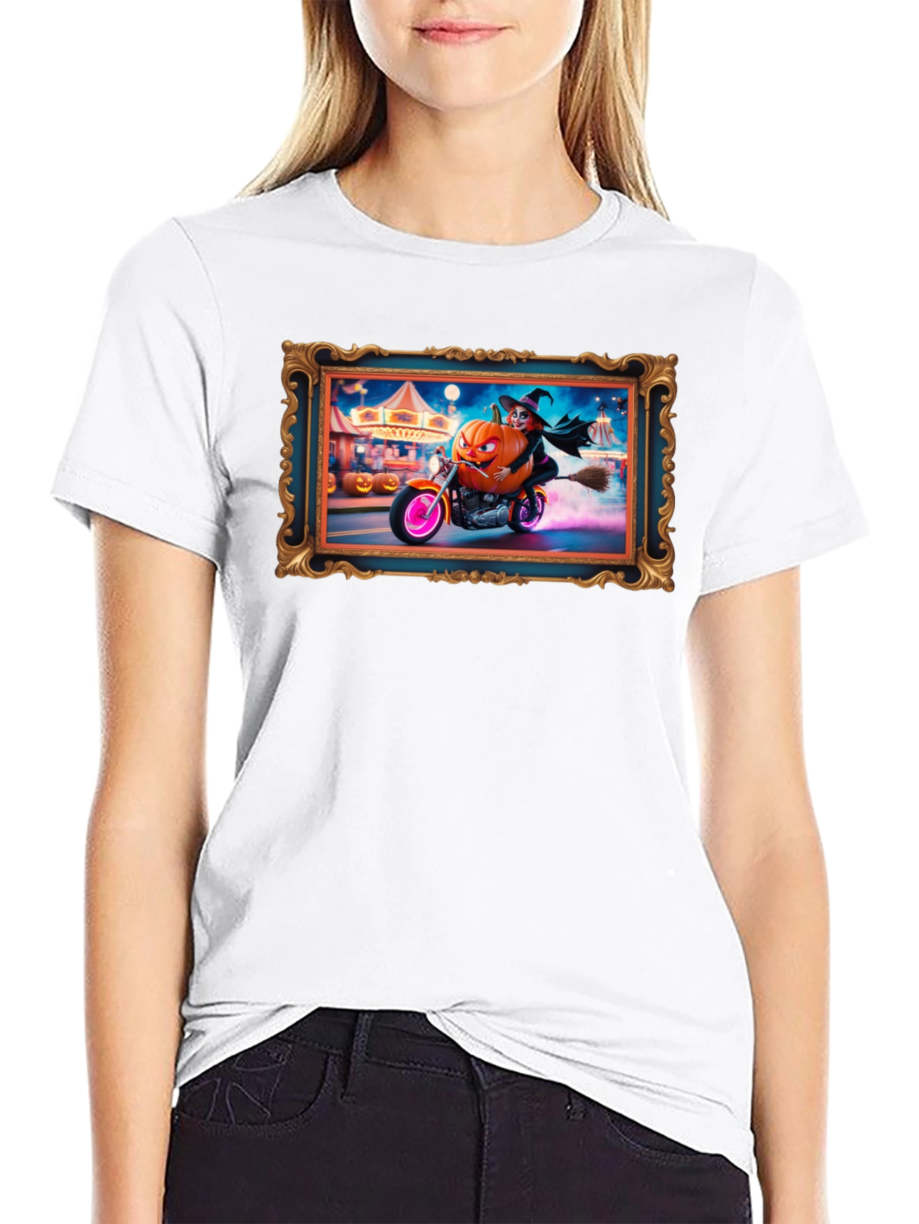Halloween Witch Pumpkin Motorcycle T-Shirt