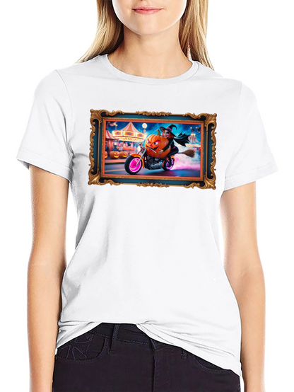 Halloween Witch Pumpkin Motorcycle T-Shirt