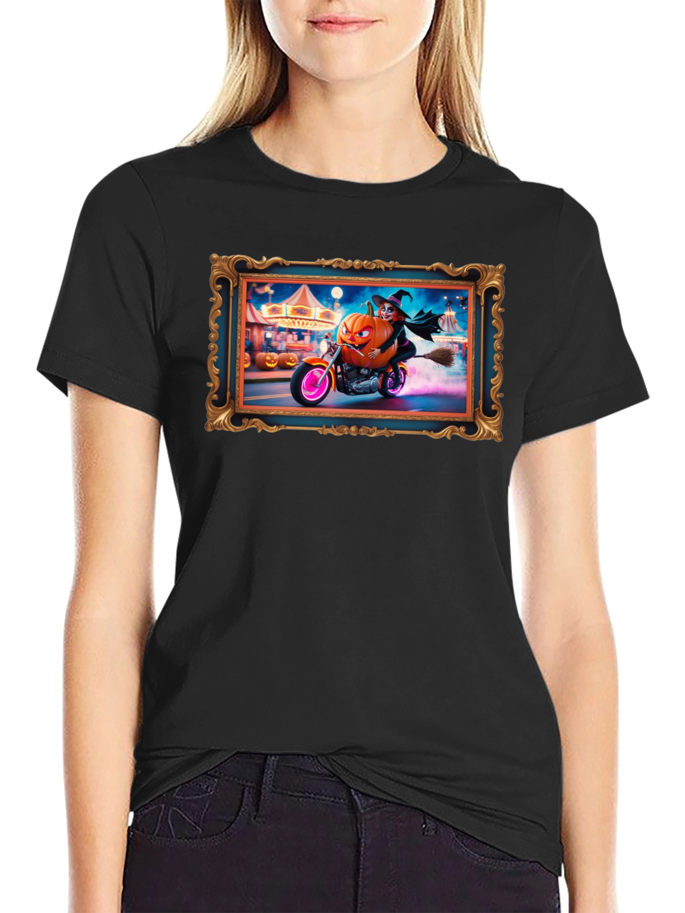 Halloween Witch Pumpkin Motorcycle T-Shirt