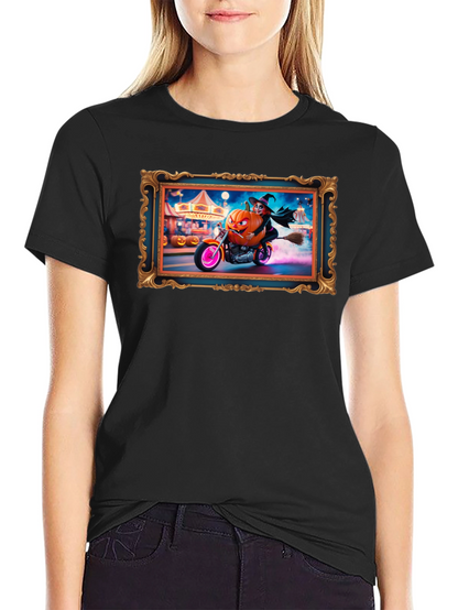 Halloween Witch Pumpkin Motorcycle T-Shirt