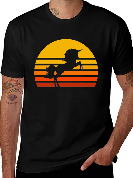 Retro Unicorn Sunset Graphic Tee - Black Cotton Shirt