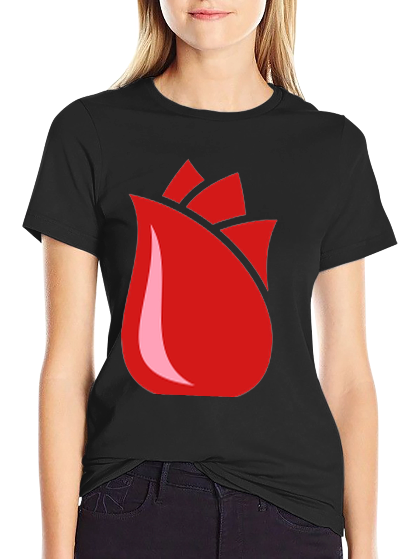 Red Rose Bud Graphic Black T-Shirt