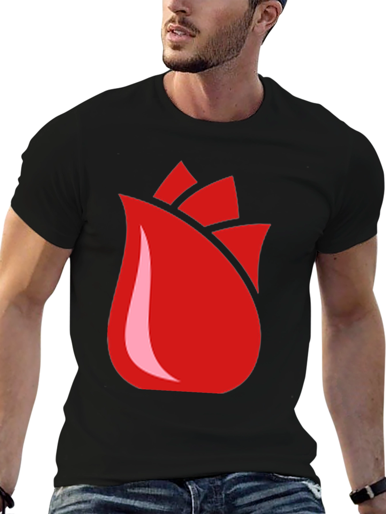 Red Rose Bud Graphic Black T-Shirt