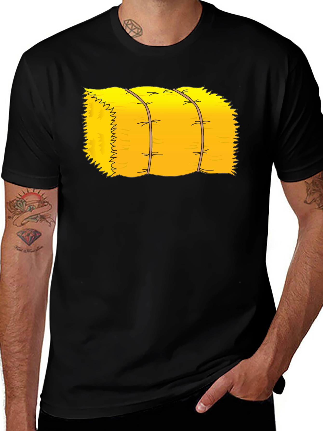 Cartoon Hay Bale Graphic Tee - Black Cotton T-Shirt