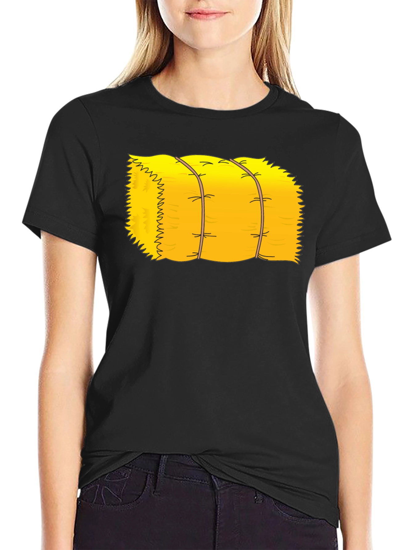 Cartoon Hay Bale Graphic Tee - Black Cotton T-Shirt