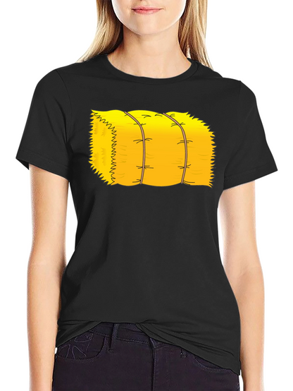 Cartoon Hay Bale Graphic Tee - Black Cotton T-Shirt
