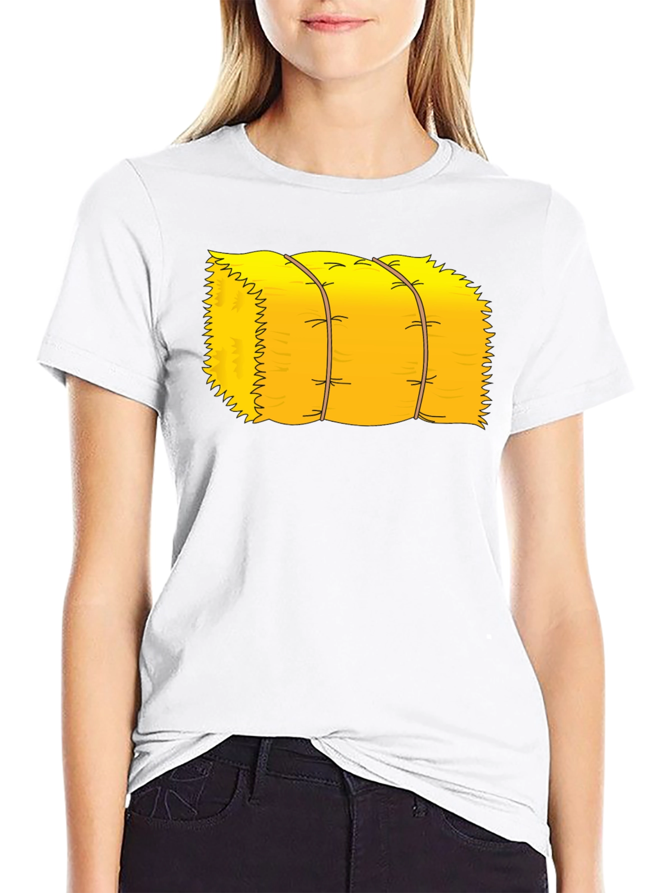 Cartoon Hay Bale Graphic Tee - Black Cotton T-Shirt