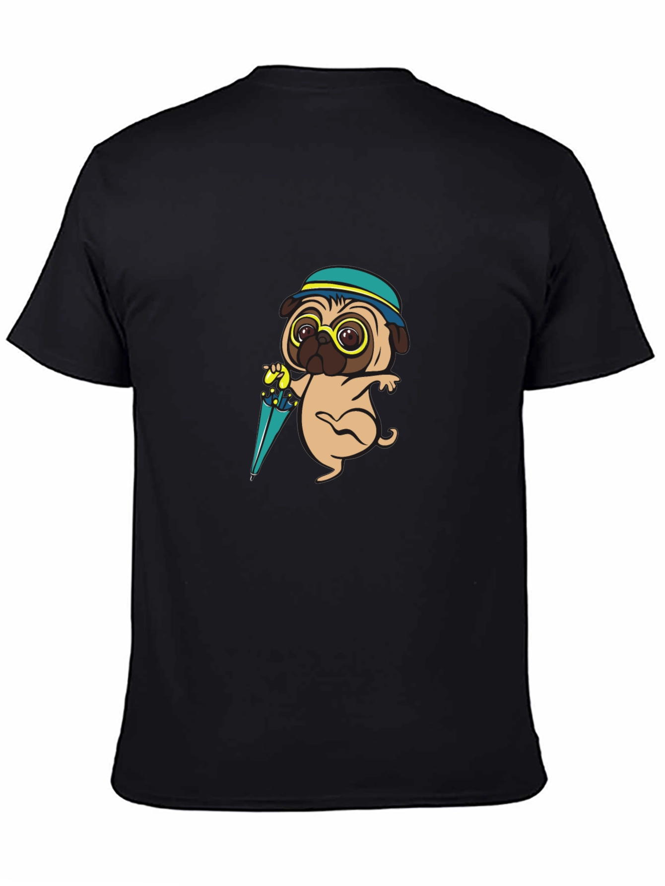 Cartoon Pug Dog with Umbrella T-Shirt
