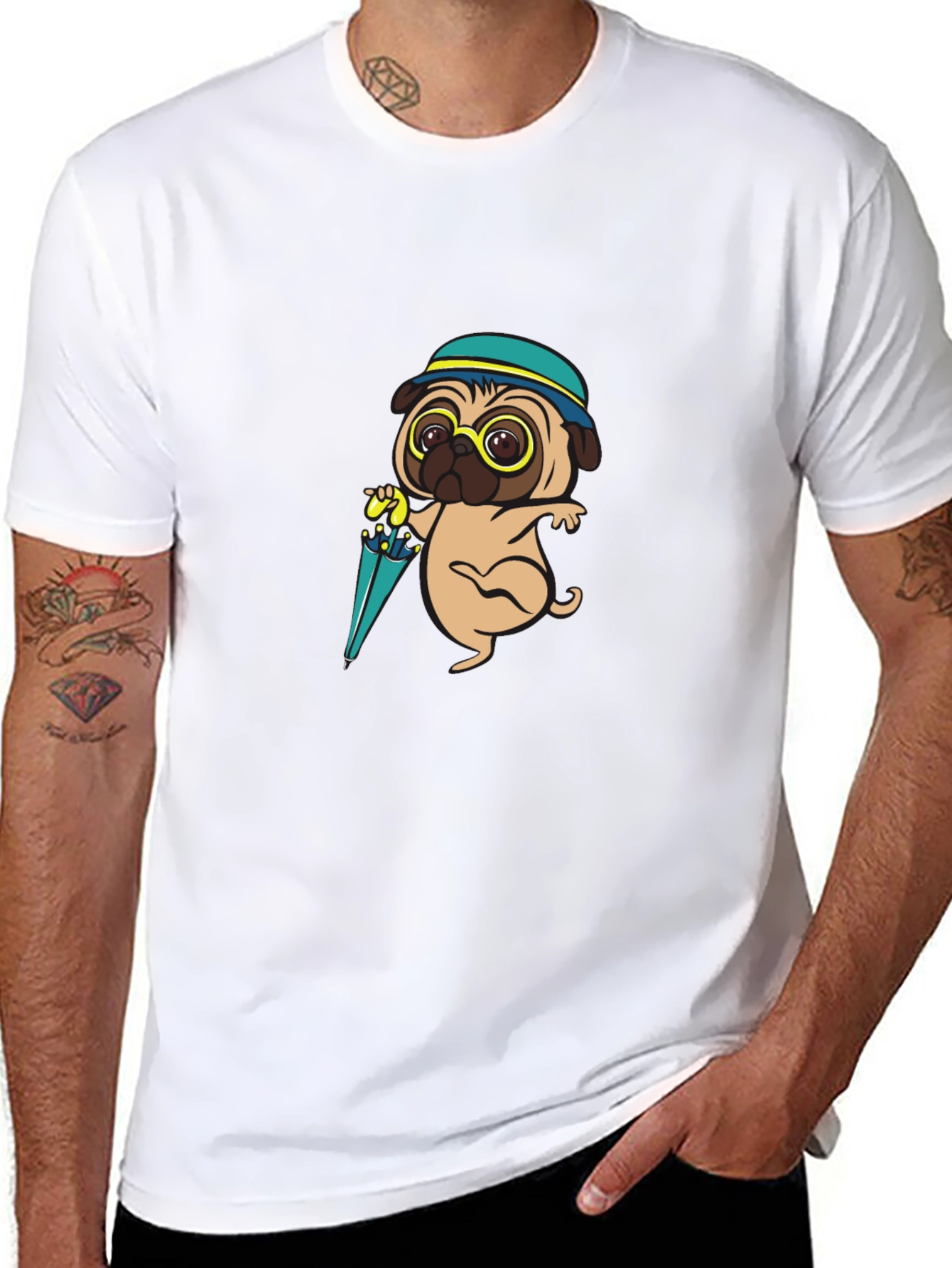 Cartoon Pug Dog with Umbrella T-Shirt