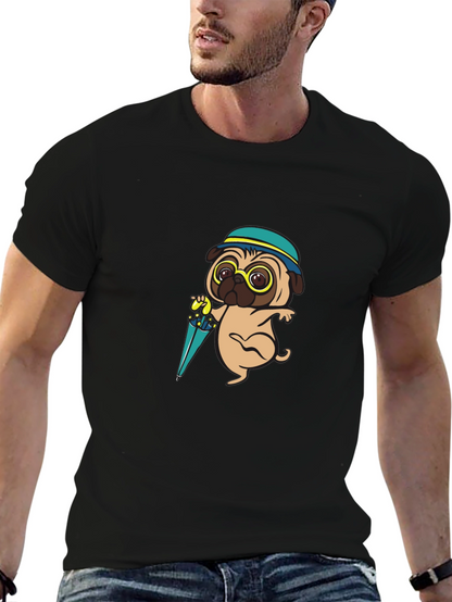 Cartoon Pug Dog with Umbrella T-Shirt