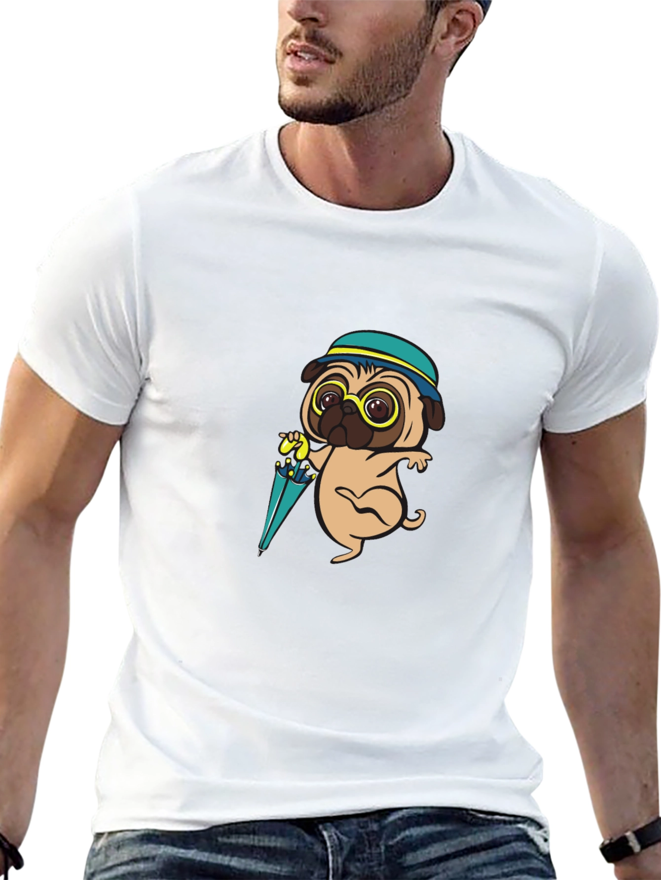 Cartoon Pug Dog with Umbrella T-Shirt