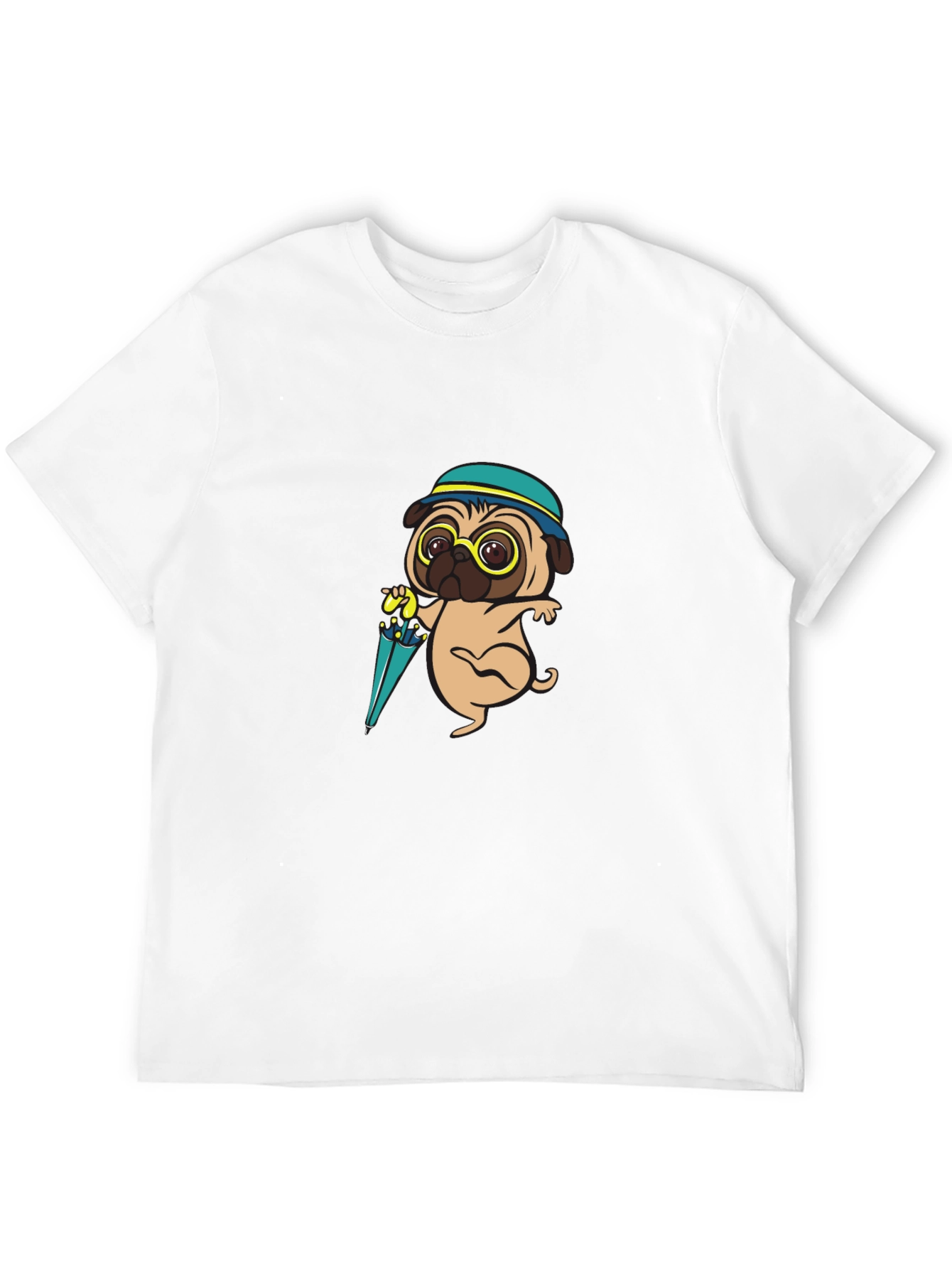 Cartoon Pug Dog with Umbrella T-Shirt