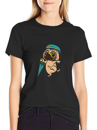Cartoon Pug Dog with Umbrella T-Shirt