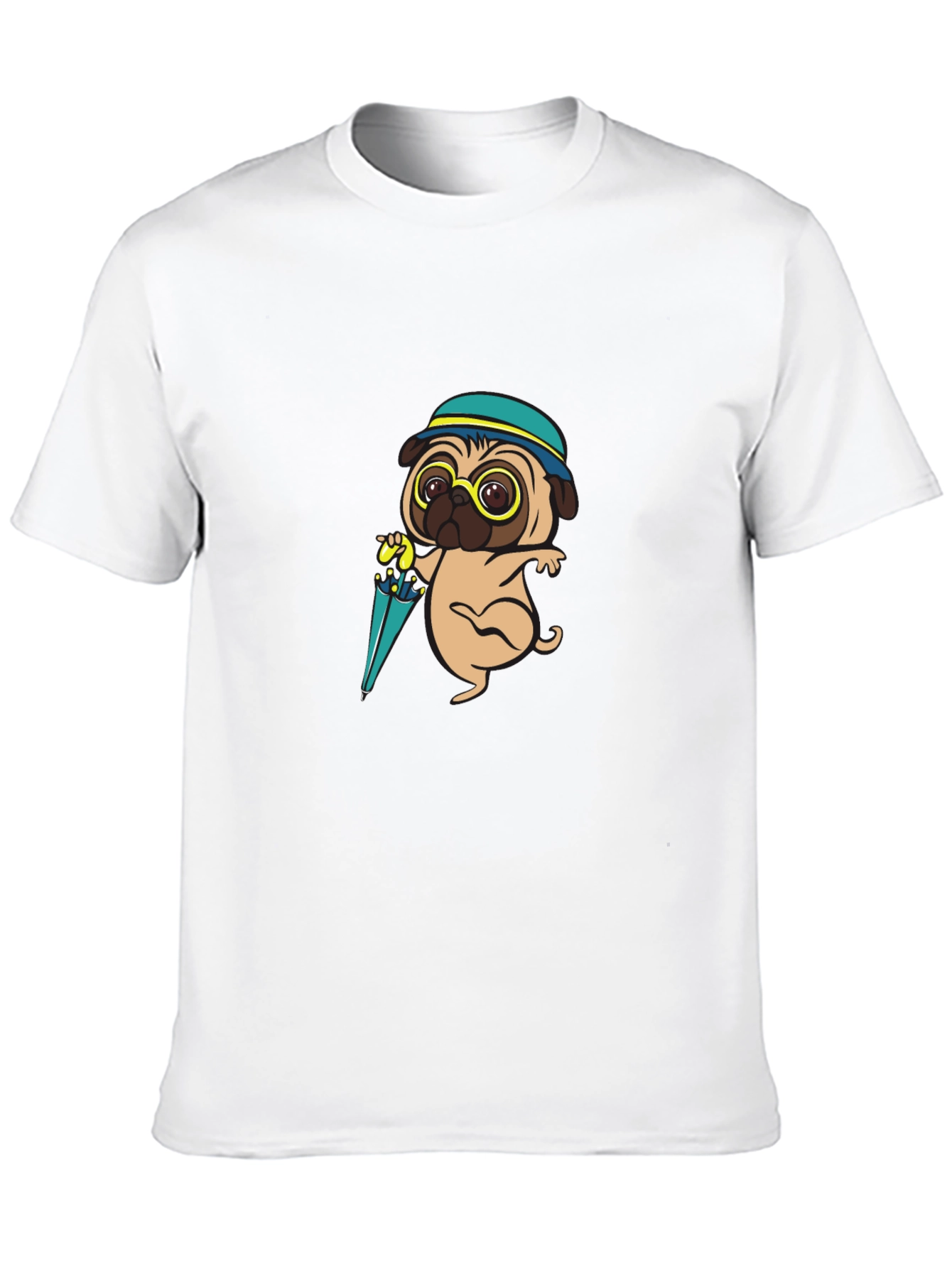 Cartoon Pug Dog with Umbrella T-Shirt