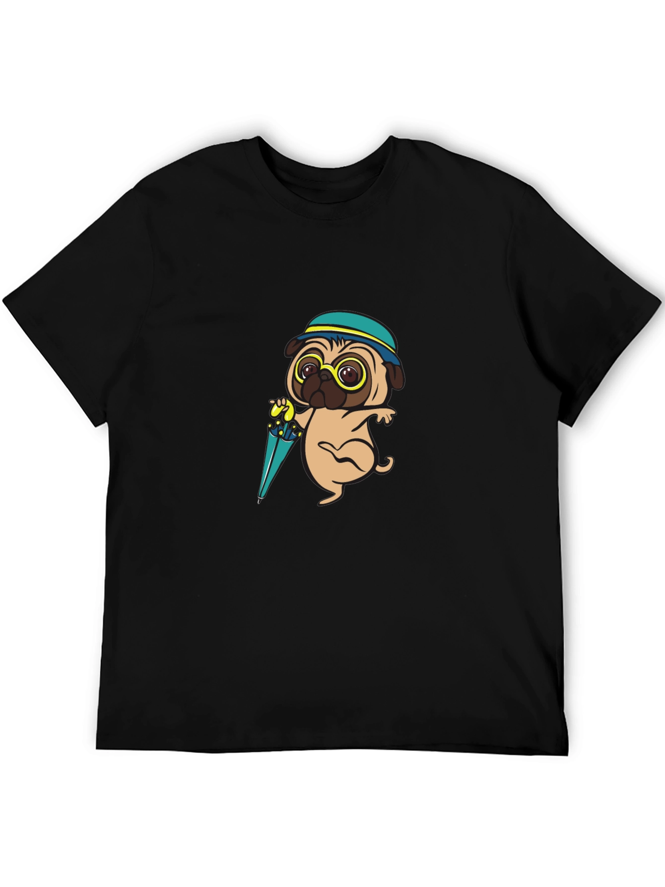 Cartoon Pug Dog with Umbrella T-Shirt