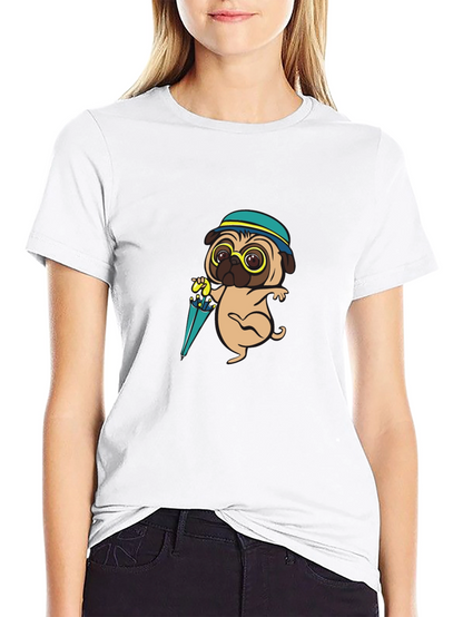 Cartoon Pug Dog with Umbrella T-Shirt