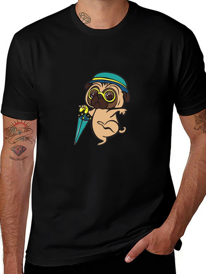 Cartoon Pug Dog with Umbrella T-Shirt