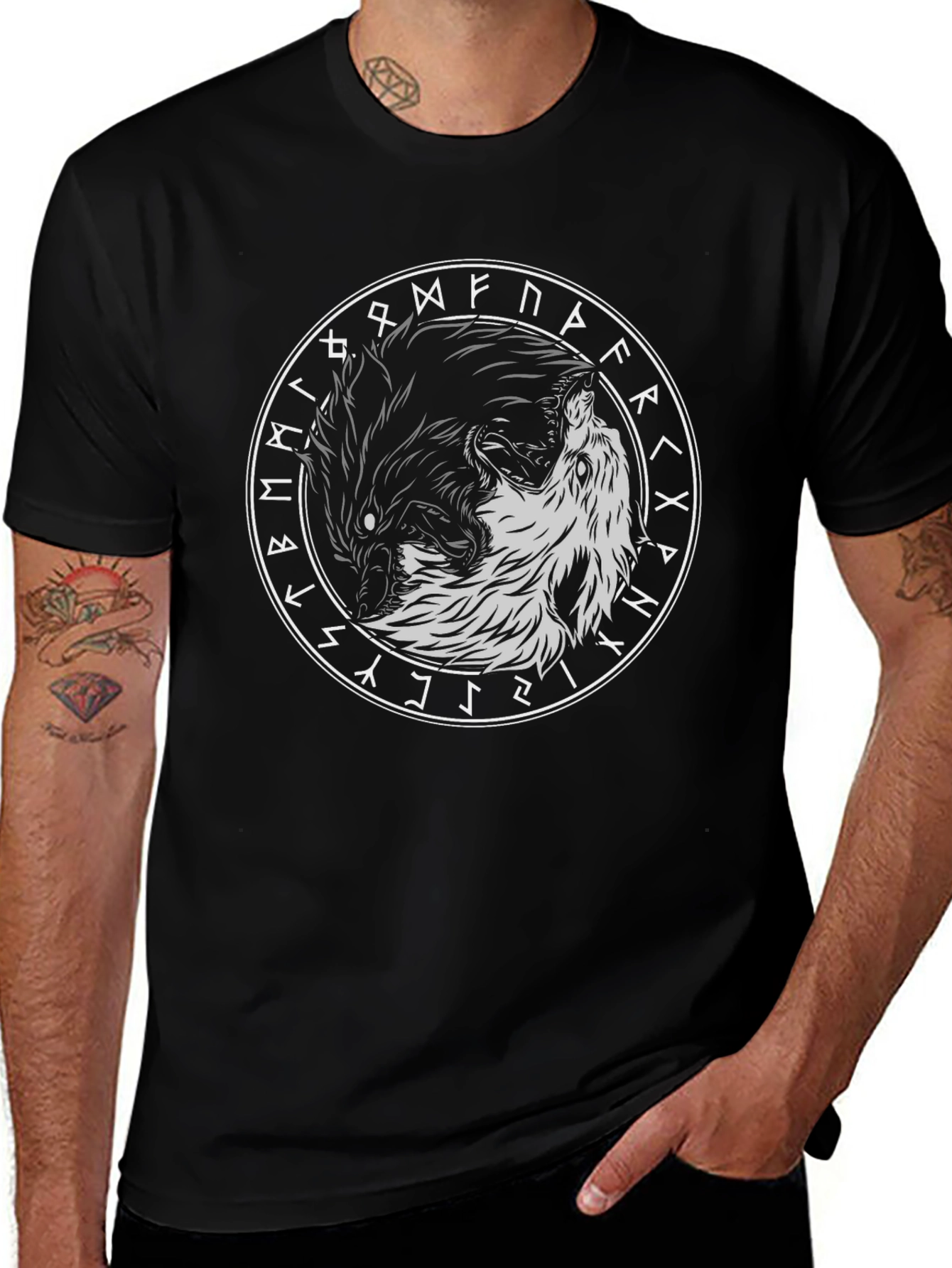 Yin Yang Wolves Circle Rune Black T-Shirt