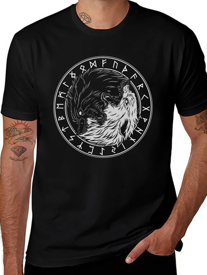 Yin Yang Wolves Circle Rune Black T-Shirt