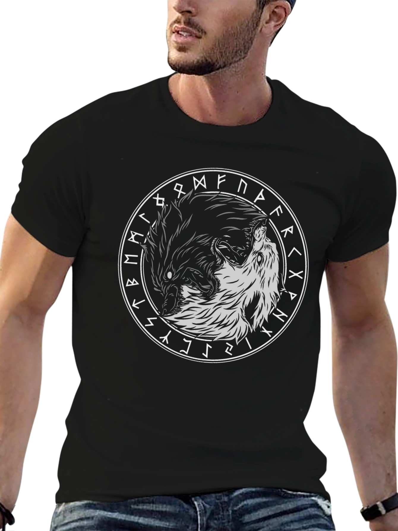 Yin Yang Wolves Circle Rune Black T-Shirt