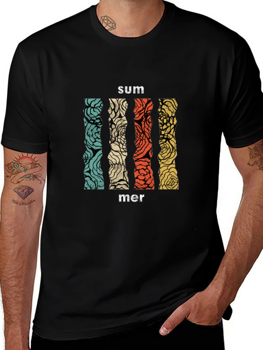 Vintage Summer Floral Stripe Black T-Shirt