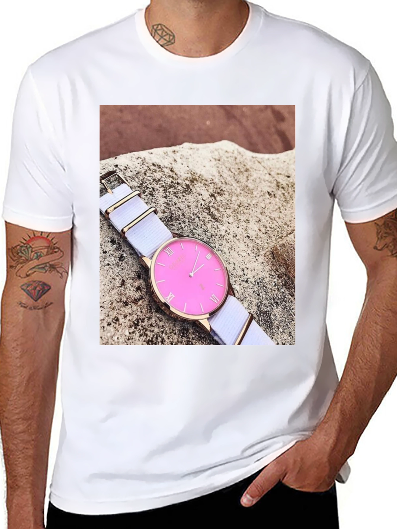 Stylish Pink Watch Tee - Modern Timepiece Design