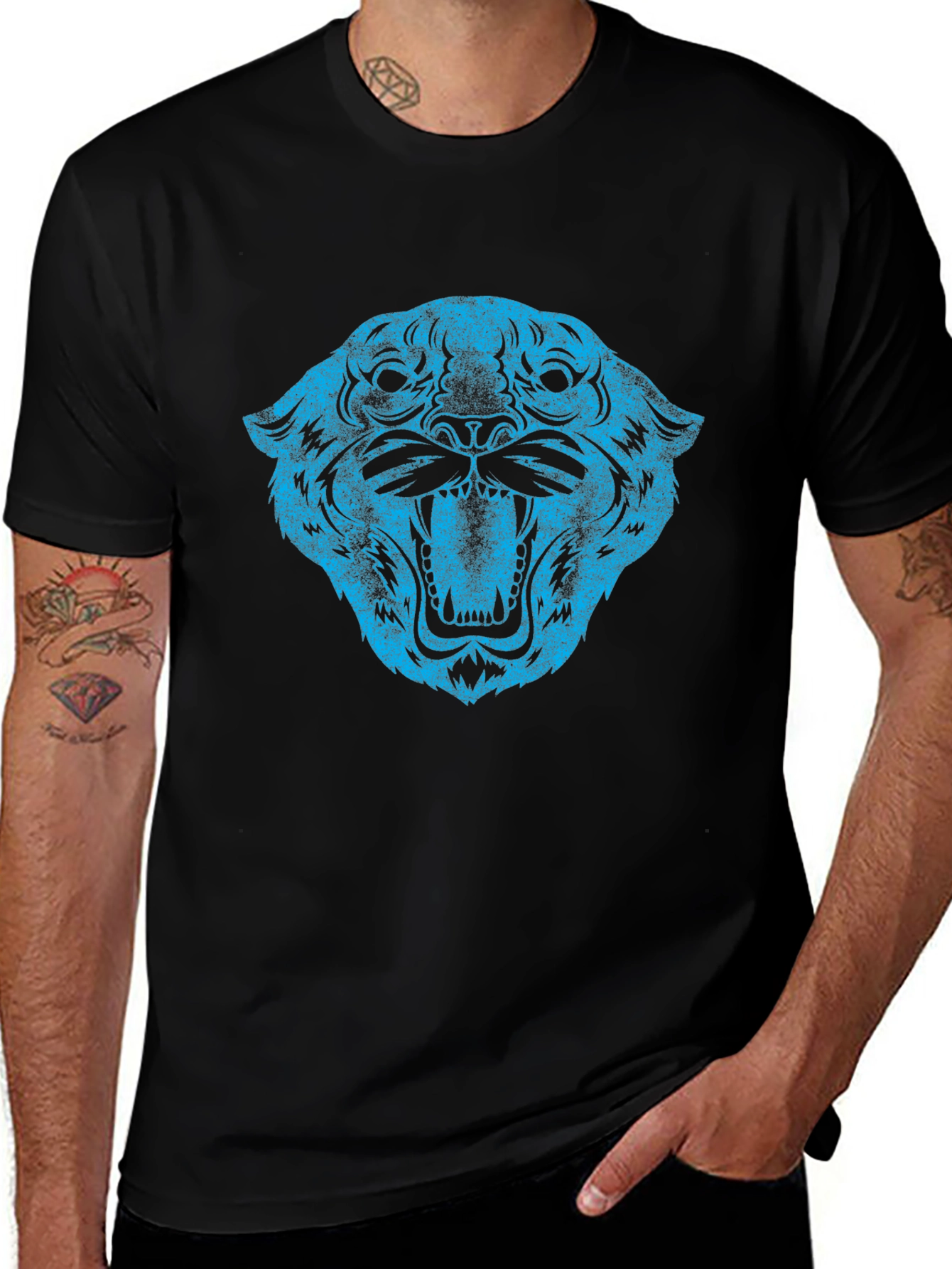 Blue Tiger Graphic Black T-Shirt