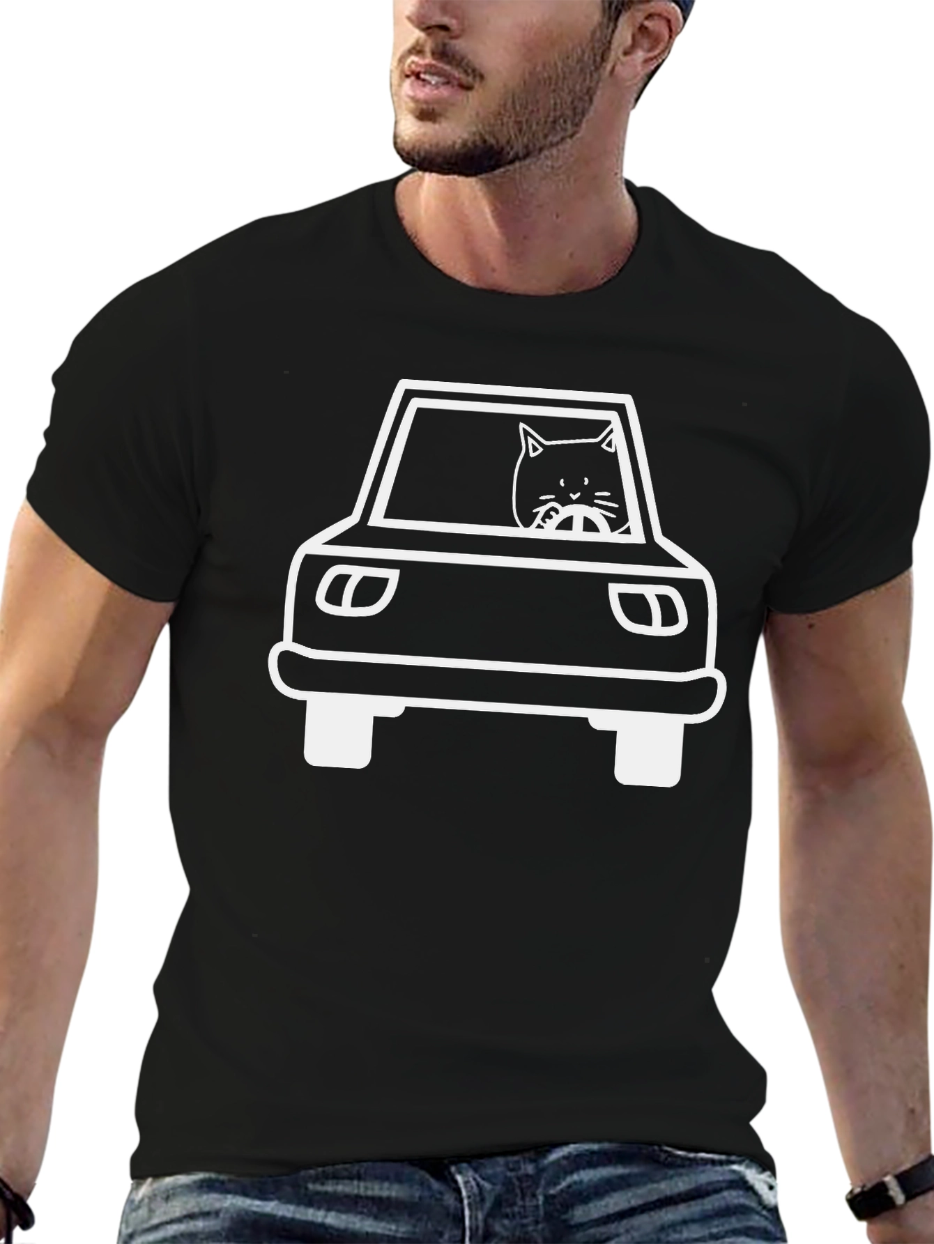 Cat Driving Car Graphic Tee - Black