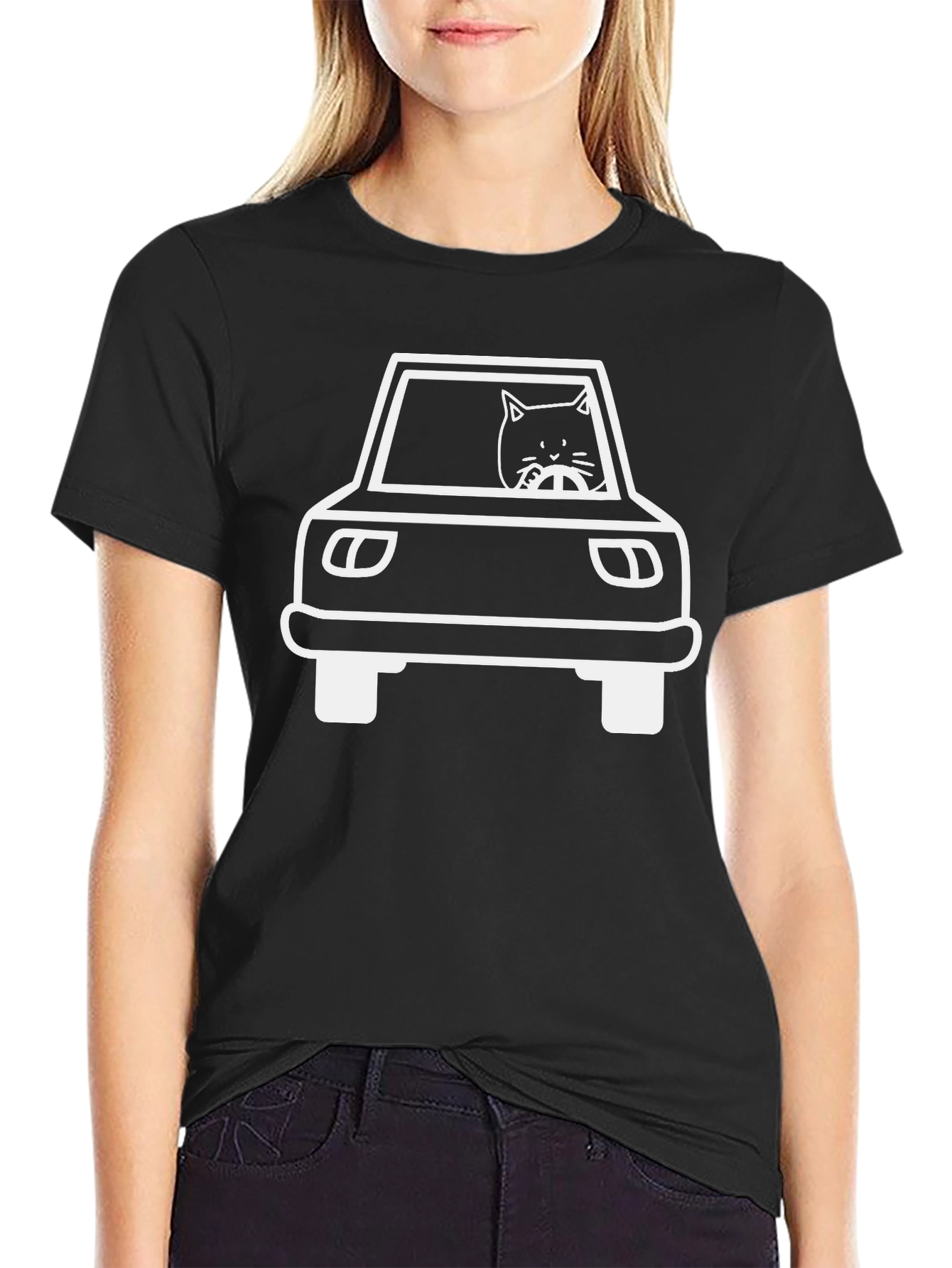 Cat Driving Car Graphic Tee - Black