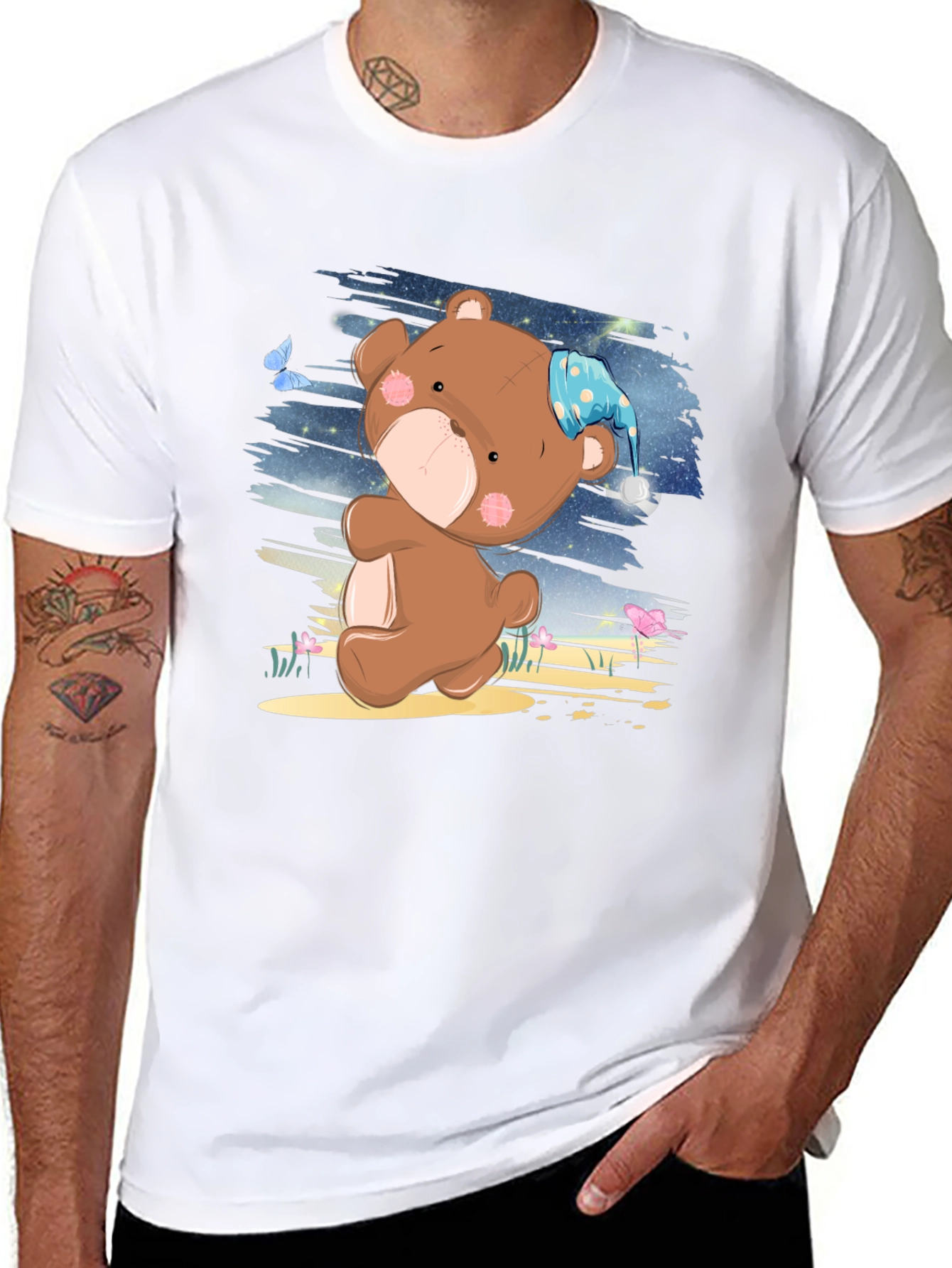 Cute Cartoon Teddy Bear Graphic Print Black T-Shirt