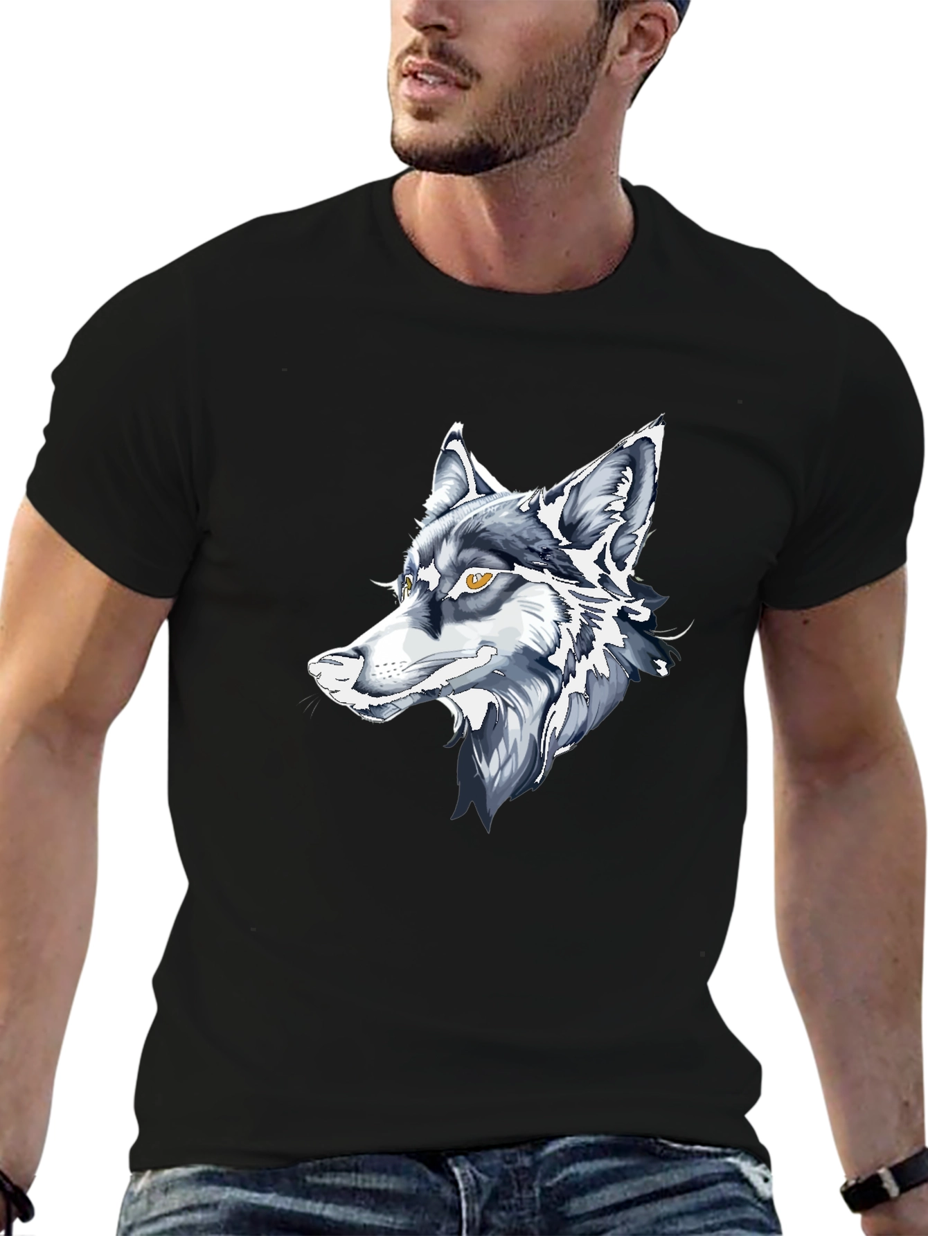 Black T-Shirt with Wolf Graphic