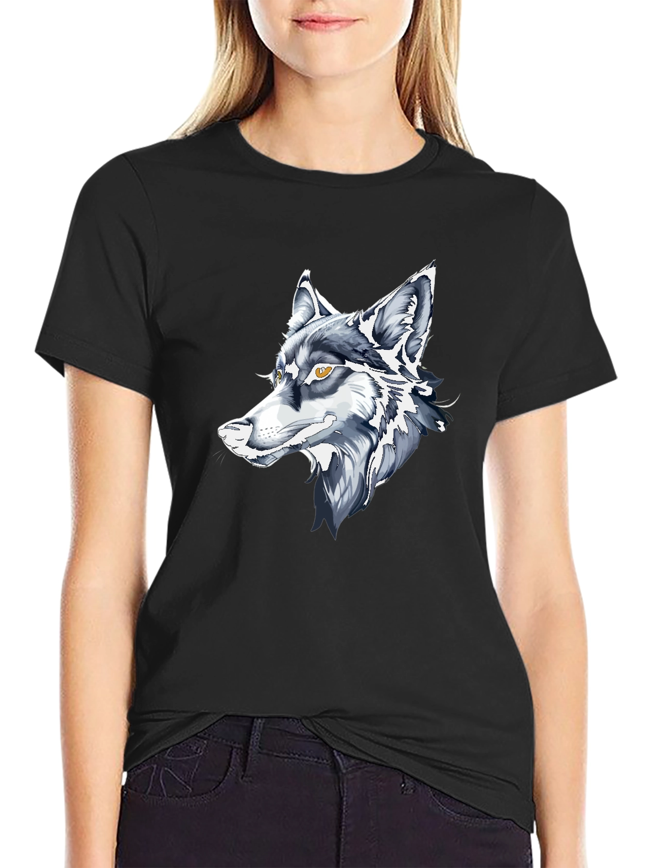 Black T-Shirt with Wolf Graphic