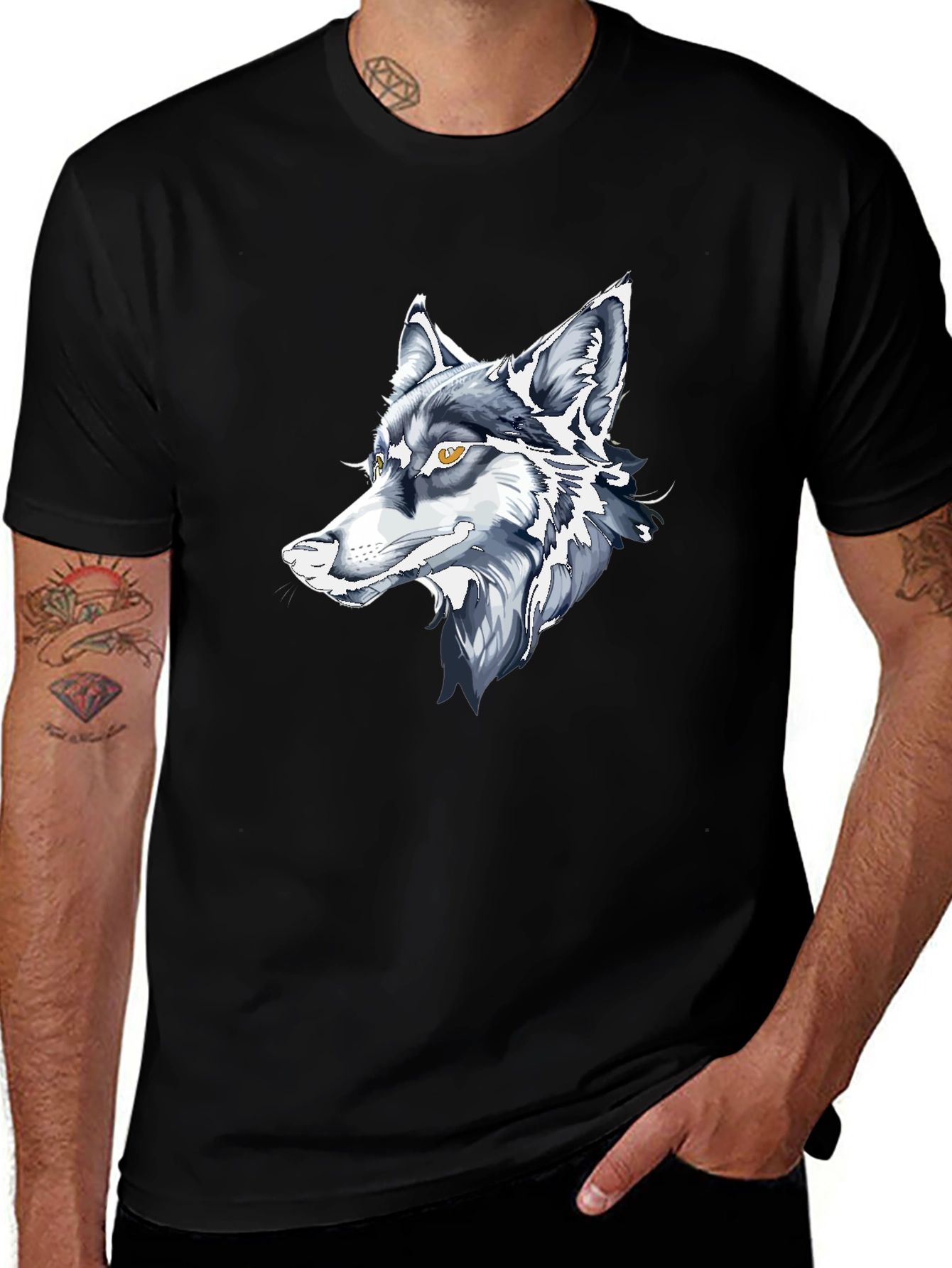 Black T-Shirt with Wolf Graphic